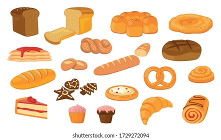 Various breads flat vector collection. Cartoon loafs, French baguettes, croissant, buns, ciabatta, bagel, cakes illustration set. Pastry, bakery product and healthy food concept