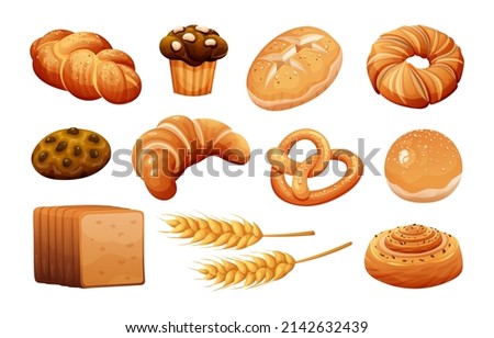 Various breads set. Bakery pastry products vector cartoon isolated on white