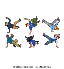 Various breakdancing, dressed in sportswear such as blue shirts, baggy cargo pants, and colorful hats, exhibit various frozen poses in the air and spinning moves on the ground. Flat vector mascot design