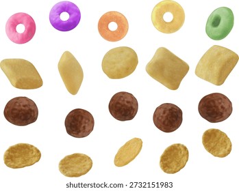 Diversas piezas de cereales para el desayuno, incluidos coloridos bucles de frutas, cuadrados de trigo, bolas de cacao y copos de maíz dorado, empaque de alimentos y publicidad de cereales, concepto de desayuno saludable por la mañana, colección de activos digitales de alta calidad
