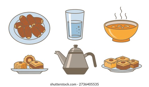Various breakfast foods and drinks on plates and in a teapot