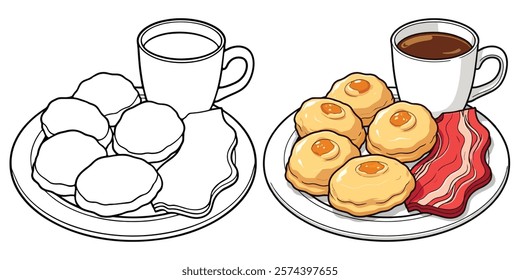 Various Breakfast Foods Line Art Vector Illustration Black and White with Coloring Sample. Bold and Easy Food, Fruits, Sweets, Drinks, Dessert, and Snacks Coloring Pages for Adults and Kids