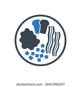 Various breakfast ingredients like bacon bread and cubes icon