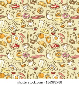 Various Breakfast items seamless vector pattern