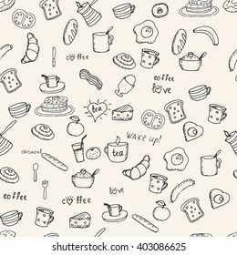 Various Breakfast items seamless vector pattern