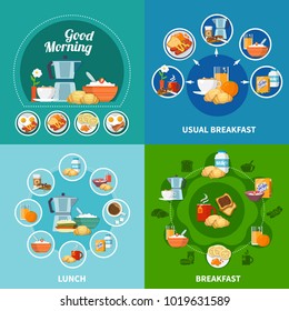 Various breakfast and lunch dishes and drinks 2x2 icons set isolated on colorful background flat vector illustration