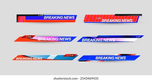 Vários designs de banners de últimas notícias mostrando gráficos vibrantes para atualizações ao vivo em um ambiente de transmissão de televisão.