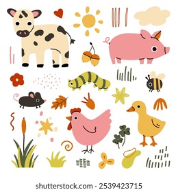 Várias raças. Aves de fazenda, Páscoa, conceito de comida ecológica orgânica. Elementos de design. Animais de fazenda bonitos. Ilustração de vetor desenhada à mão