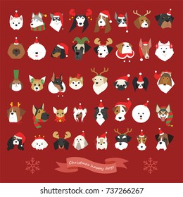 various breeds cute dogs Christmas celebration face  vector illustration flat design