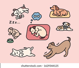 Various breeds of dogs are playing in the house. outline style characters. flat design style minimal vector illustration.