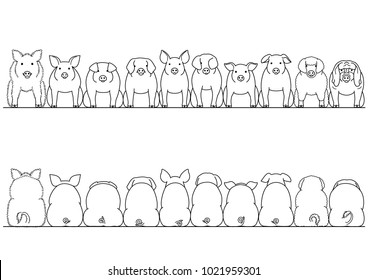 various breeds of pigs front and back border set