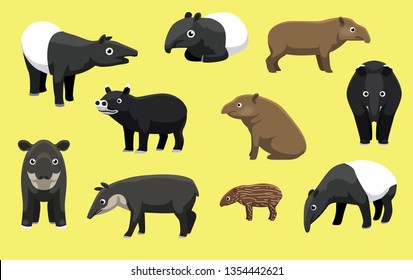 Various Breeds of Tapir Poses Cartoon Cute Vector