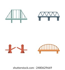 Various bridge icons set cartoon vector. Bridge project. Road construction, infrastructure