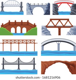 Various Bridges Collection, Urban Architecture Design Elements, Iron, Wooden and Stone Bridges Flat Vector Illustration