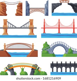 Various Bridges Collection, Urban Architecture Design Elements, Bridge Construction Flat Vector Illustration