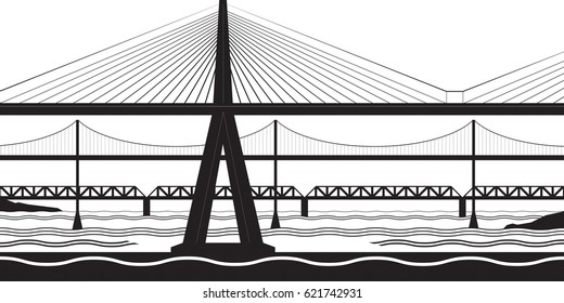 Various bridges cross the river - vector illustration