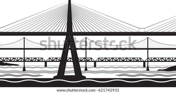 Various\
bridges cross the river - vector\
illustration