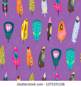 Various bright abstract feathers. Different shapes. Hand drawn vector seamless pattern. Colorful trendy illustration. Purple background