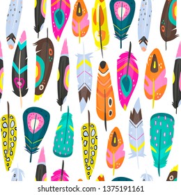 Various bright abstract feathers. Different shapes. Hand drawn vector seamless pattern. Colorful trendy illustration