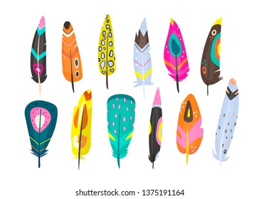 Various bright abstract feathers. Different shapes. Hand drawn vector set. Colorful trendy illustration. All elements are isolated