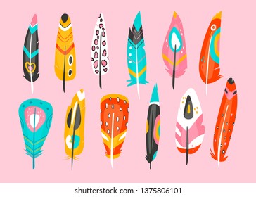 Various bright abstract feathers. Different shapes. Hand drawn vector set. Colorful trendy illustration. All elements are isolated. Pink background