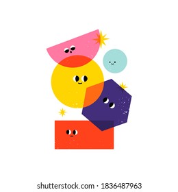 Various bright basic Geometric Figures with face emotions. Different shapes. Layered colors. Hand drawn trendy Vector illustration for kids. Modern colorful Poster or print idea. Cute funny characters