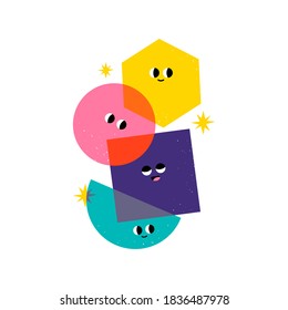 Various bright basic Geometric Figures with face emotions. Different shapes. Layered colors. Hand drawn trendy Vector illustration for kids. Modern colorful Poster or print idea. Cute funny characters