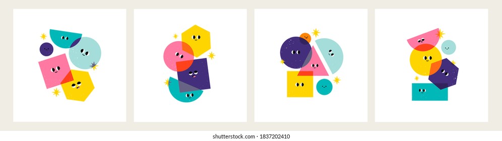 Various bright basic Geometric Figures with face emotions. Different shapes. Layered colors. Hand drawn trendy Vector illustration for kids. Cute funny characters. Set of four cards