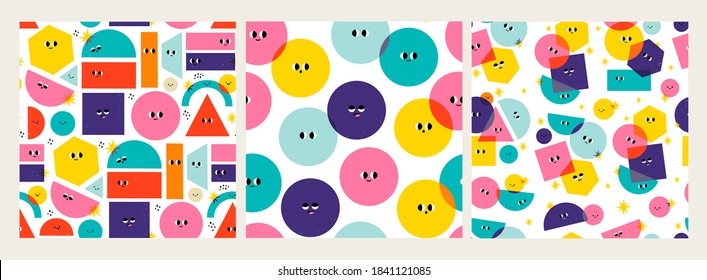 Various bright basic Geometric Figures with face emotions. Different shapes. Hand drawn trendy Vector illustrations for kids. Cute funny characters. Set of three Square Seamless Patterns, Backgrounds