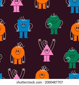 Various bright basic Geometric Figures with face emotions, hands and legs. Different shapes. Hand drawn trendy Vector illustration for kids. Cute funny characters. Square seamless Pattern, background