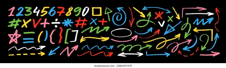 Various bright colored charcoal doodle arrows, punctuation elements and numbers collection. Vector pencil curly arrows, texture figures for hand drawn diagrams. Scribble ovals and curved lines.