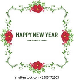 Various bright green leaves and artwork red flower frame, ornate template for card happy new year. Vector