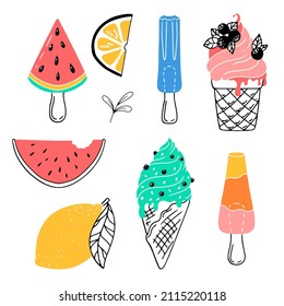 Various bright items for summer holidays. Fruits and snacks. Accessories drawn in a flat style. Black and white fruits. Vector illustration isolated on white background.