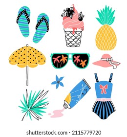 Various bright items for summer holidays. Fruits and snacks. Accessories drawn in a flat style. Black and white fruits. Vector illustration isolated on white background.