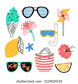 Various bright items for summer holidays. Fruits and snacks. Accessories drawn in a flat style. Black and white fruits. Vector illustration isolated on white background.