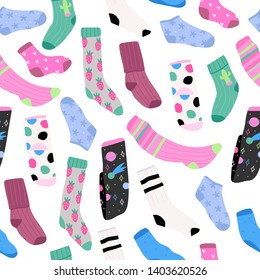 Various bright socks with different prints. High and low socks. Hand drawn vector seamless pattern. Colored trendy fashion illustration. Flat design