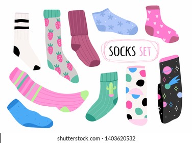 Various bright socks with different prints. High and low socks. Hand drawn vector set. Colored trendy fashion illustration. Flat design. All elements are isolated