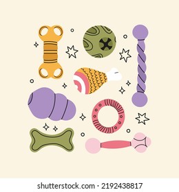 Various bright toys for dogs and cats.  The concept of a pet shop. Hand-drawn colorful  elements isolated.A piece of twisted rope,
bones,
ball and training projectile.