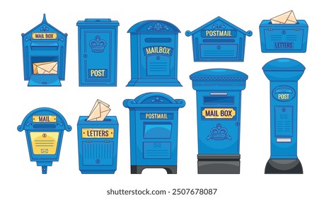 Various British Blue Mailboxes Displaying Assorted Styles And Designs. Visual Representation Of Postal Service