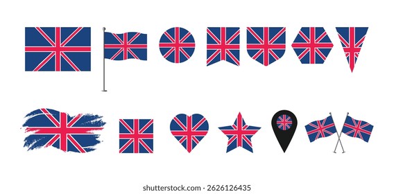 
Various British flag set on pole, table flag, mark, star badge and different shapes badges. Patriotic  British flag sticker