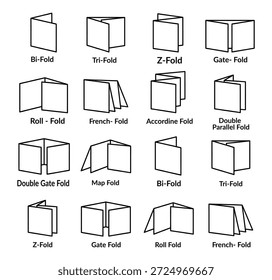 Diversos tipos de pliegues de folletos para materiales de marketing. Moderno paquete de iconos temáticos alrededor del folleto, creado en formato de línea delgada. Diseñado para interfaces y productos digitales.