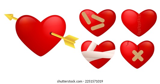 various of broken heart realistic isolated on white background