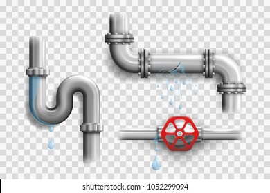 Various broken metal pipes and leaking pipeline elements isolated on a transparency grid a realistic vector illustrations set