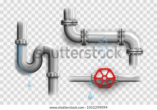 Various broken metal pipes and leaking pipeline\
elements isolated on a transparency grid a realistic vector\
illustrations set