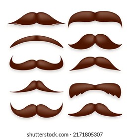 Various brown mustache collection. Vintage, retro mustaches. Facial hair, hipster beard. Vector illustration