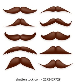 Various brown mustache collection. Vintage, retro mustaches. Facial hair, hipster beard. Vector illustration