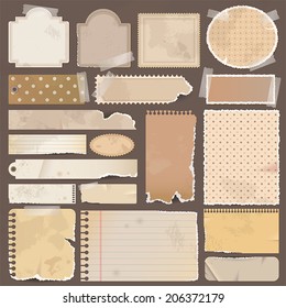 Various brown old remnant pieces of paper, scrapbook badge, and note board background texture and for website button, create by vector