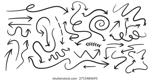 Various brush drawn curved arrows. Collection doodle marker thick arrows in different directions. Vector brush strokes illustration. Grunge rough direction shape for design.

