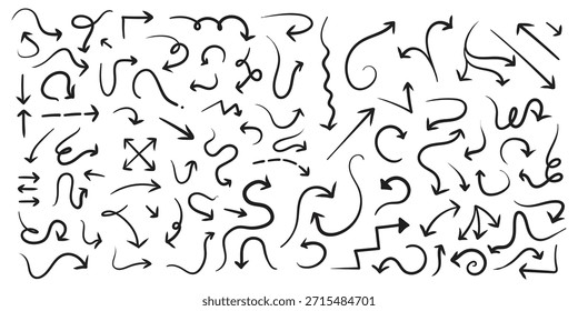 Varias flechas curvas dibujadas por pincel. Colección doodle marcador flechas gruesas en diferentes direcciones. Ilustración de trazos de pincel de Vector. Grunge forma de dirección áspera para el diseño.

