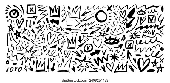 Various brush drawn doodles, scribbles and squiggles, arrows, crowns collection. Hand drawn punk style elements for notes and social media. Hearts and doodle shapes in girly or kid's style.